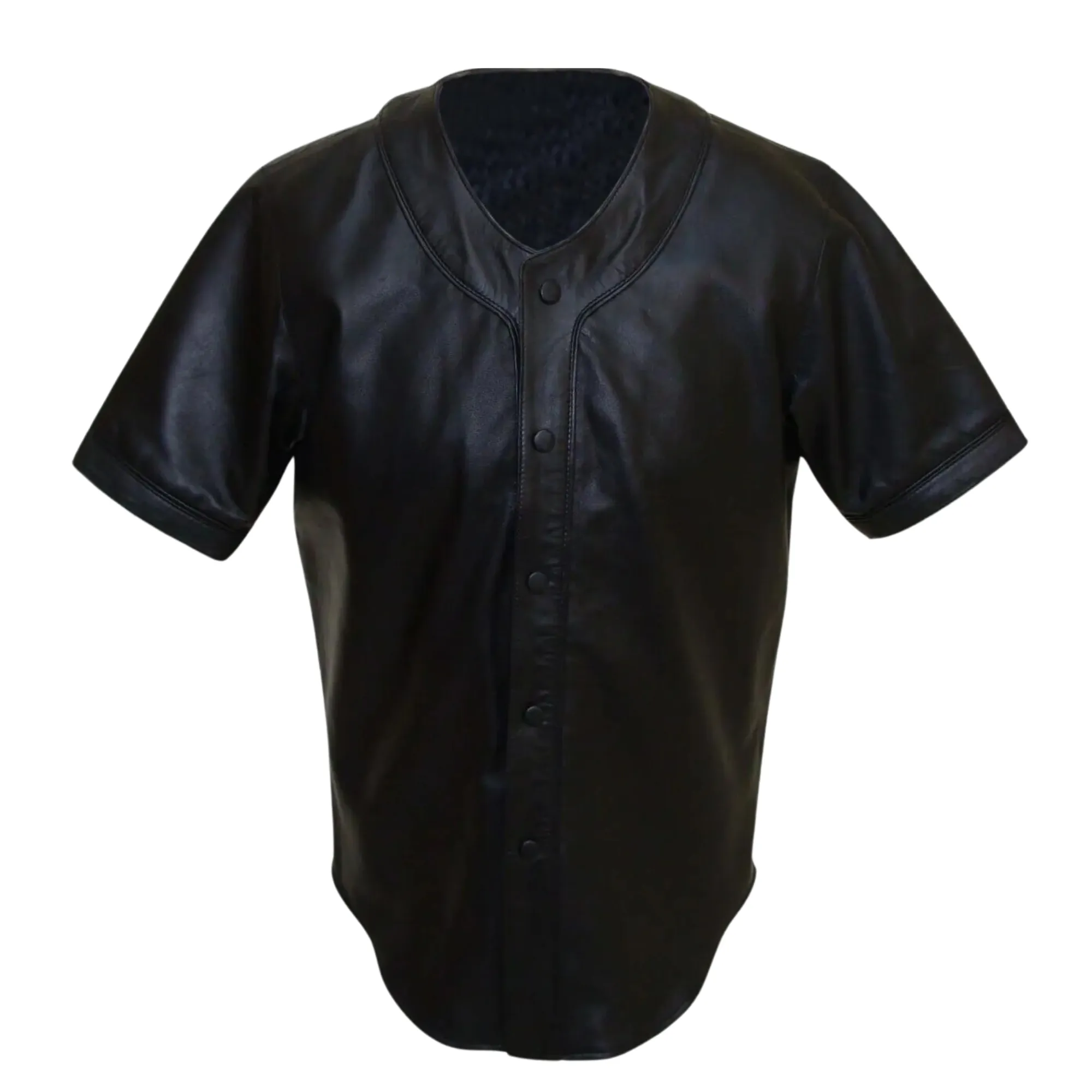 Mens Black Leather Baseball Jersey Style Half Sleeve Shirt