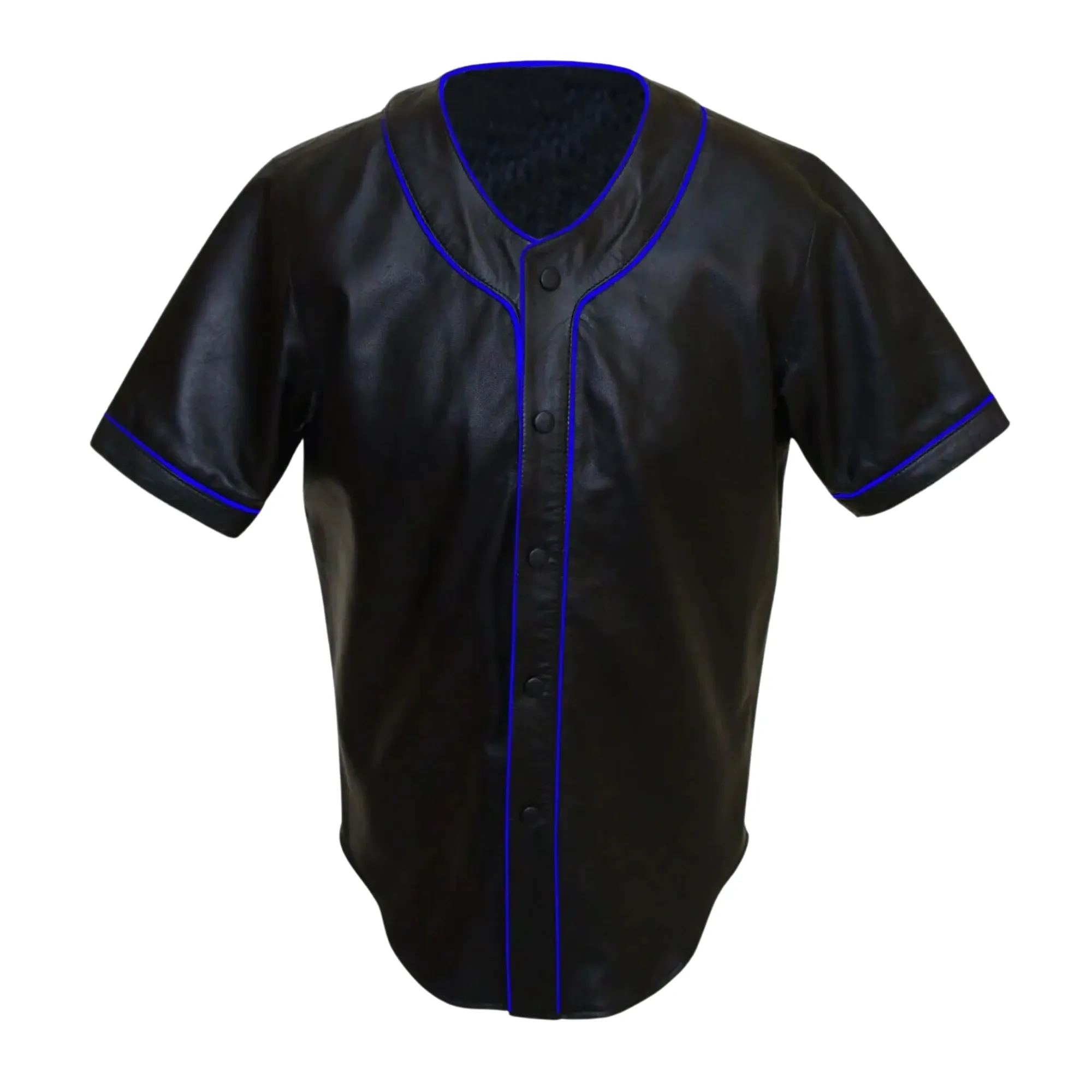 Mens Black Leather Baseball Jersey Style Half Sleeve Shirt