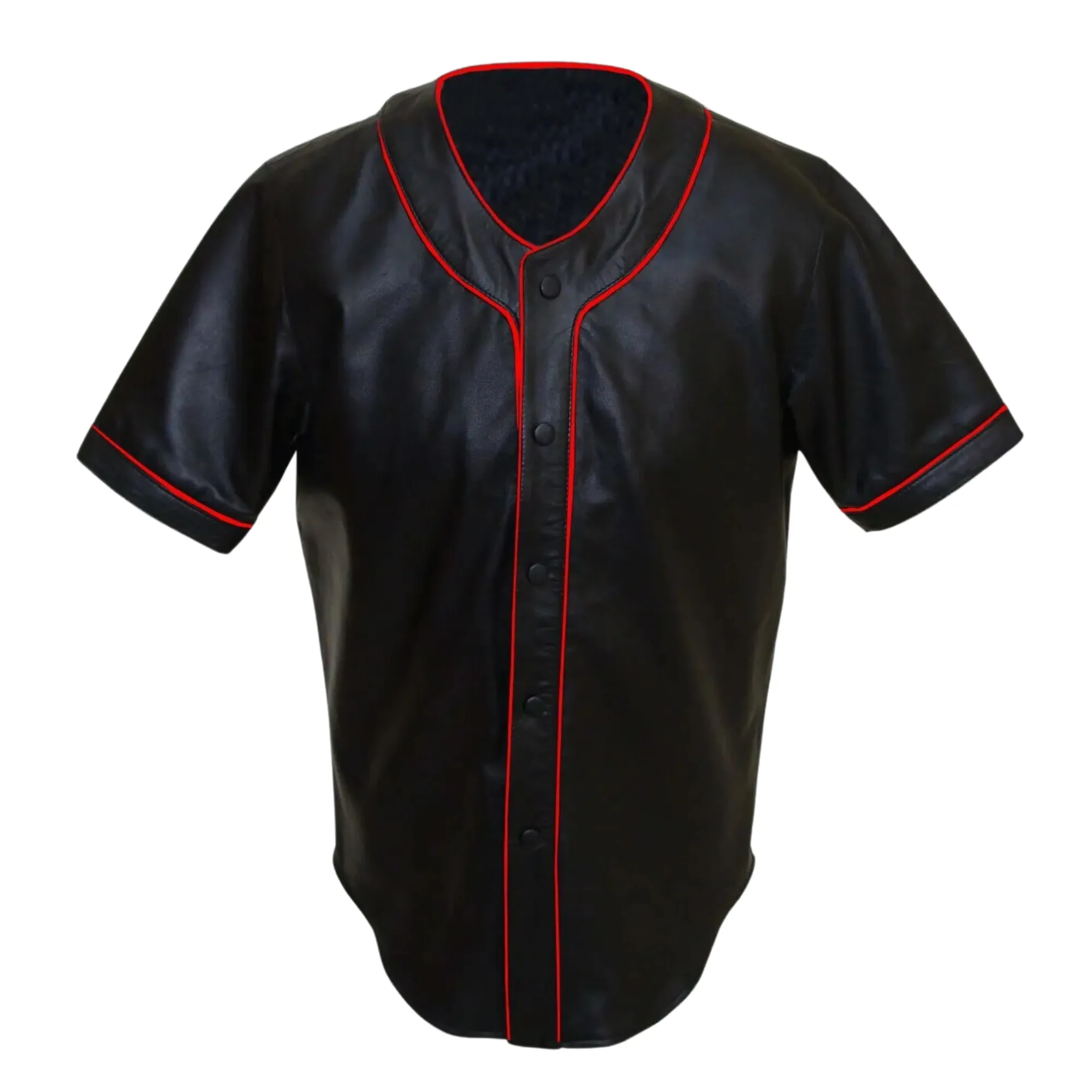 Mens Black Leather Baseball Jersey Style Half Sleeve Shirt