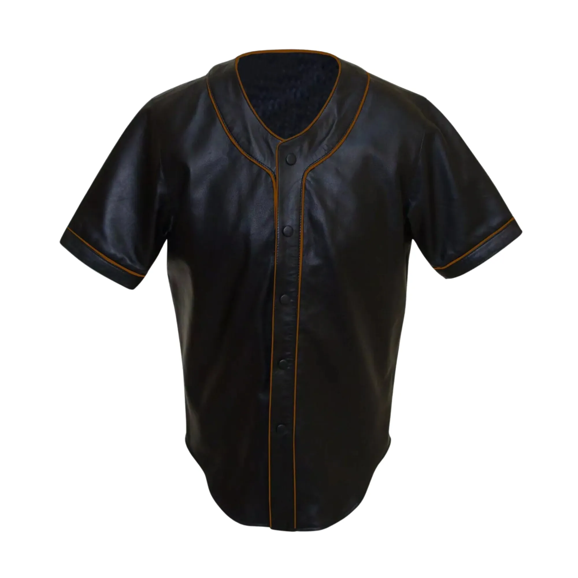 Mens Black Leather Baseball Jersey Style Half Sleeve Shirt