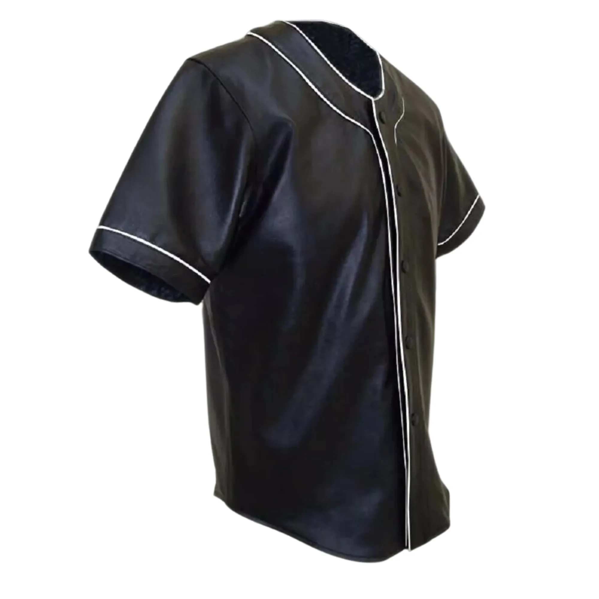 Mens Black Leather Baseball Jersey Style Half Sleeve Shirt