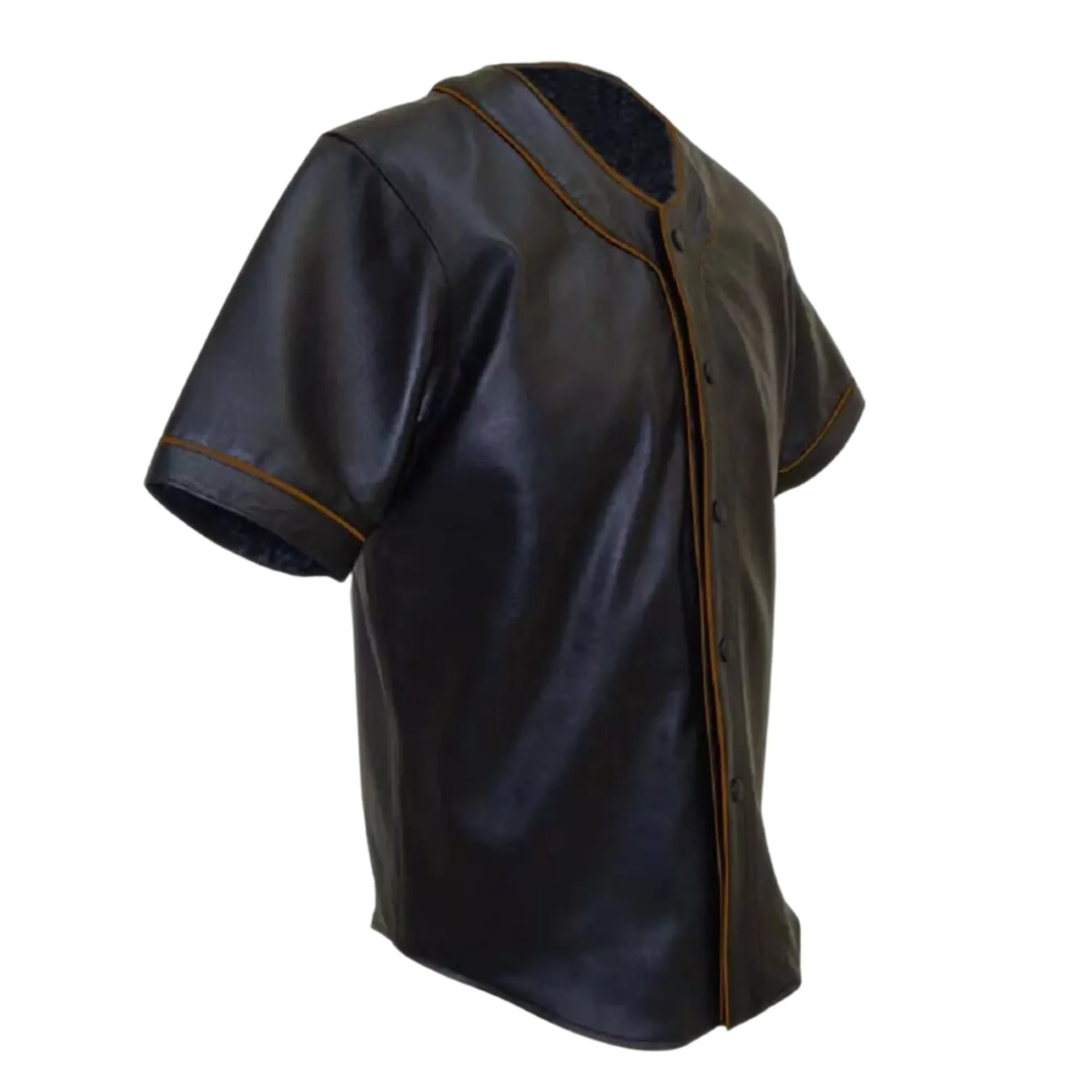 Mens Black Leather Baseball Jersey Style Half Sleeve Shirt