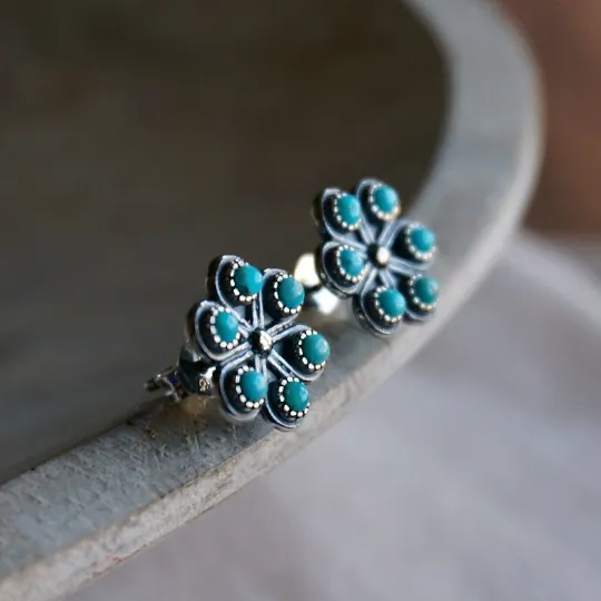 Natural Cluster Set Turquoise Floral Vintage Studs For Women - 925 Sterling Silver Studs