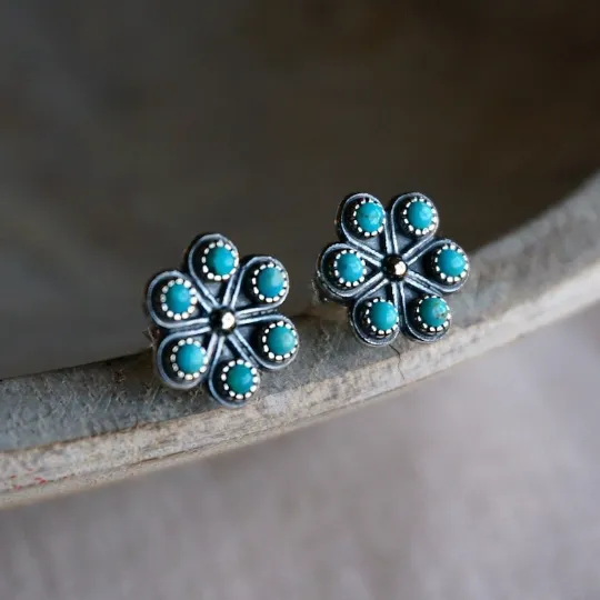 Natural Cluster Set Turquoise Floral Vintage Studs For Women - 925 Sterling Silver Studs