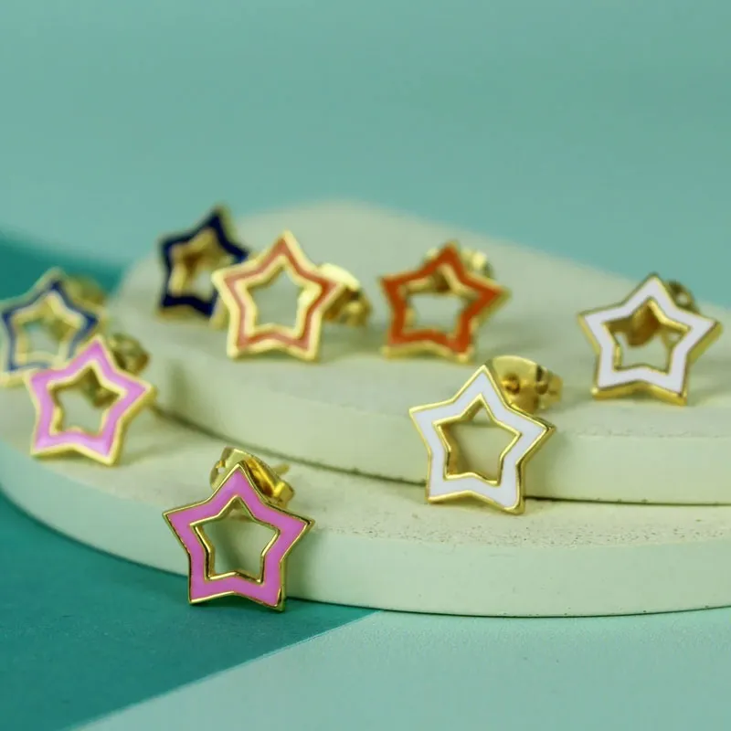 Navy Blue Enamel Star Gold Stud Earrings