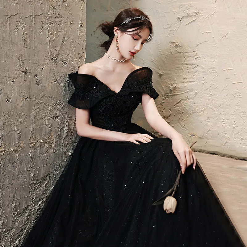 Off  Shoulder Black Sparkly Long Prom Dress Formal Evening Gown 208