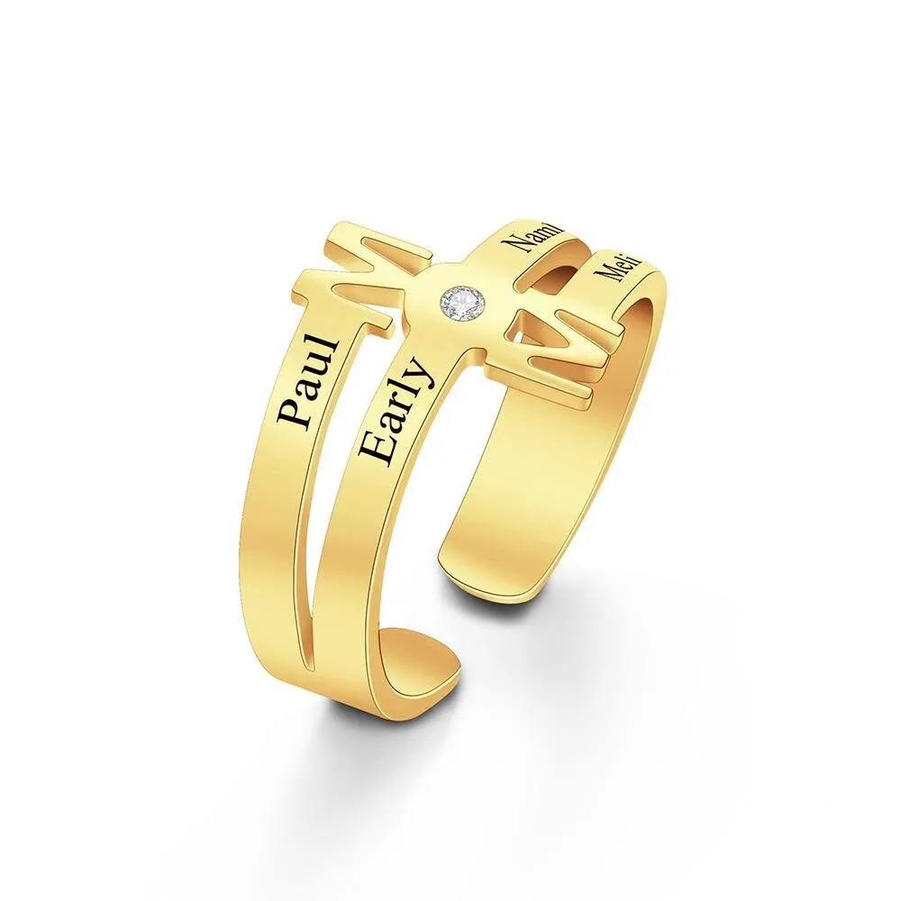 Personalised Four Names Mom Open Ring Birthday Mothers day Anniversary Gift for Mom Wife Daughter sister Grandmothers gardenmom family ring