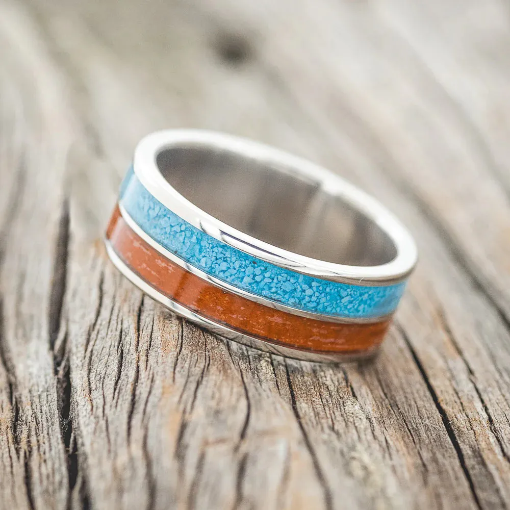 "DYAD" - RED JASPER & TURQUOISE WEDDING BAND - TITANIUM- SIZE 10 1/2