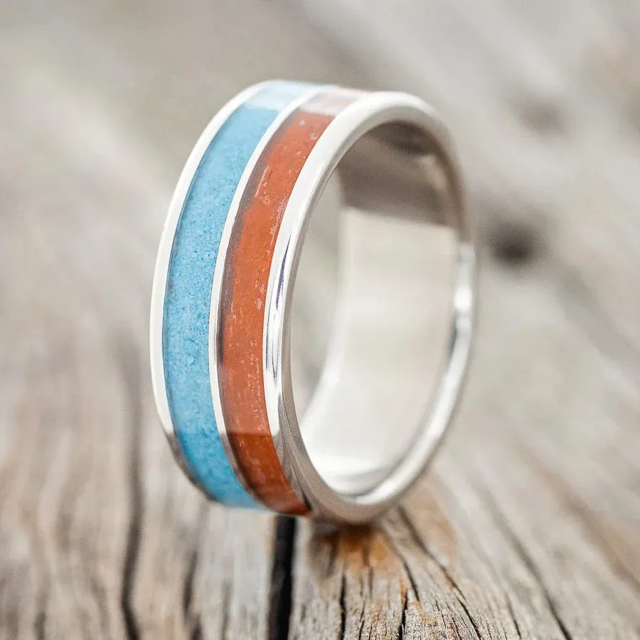 "DYAD" - RED JASPER & TURQUOISE WEDDING BAND - TITANIUM- SIZE 10 1/2