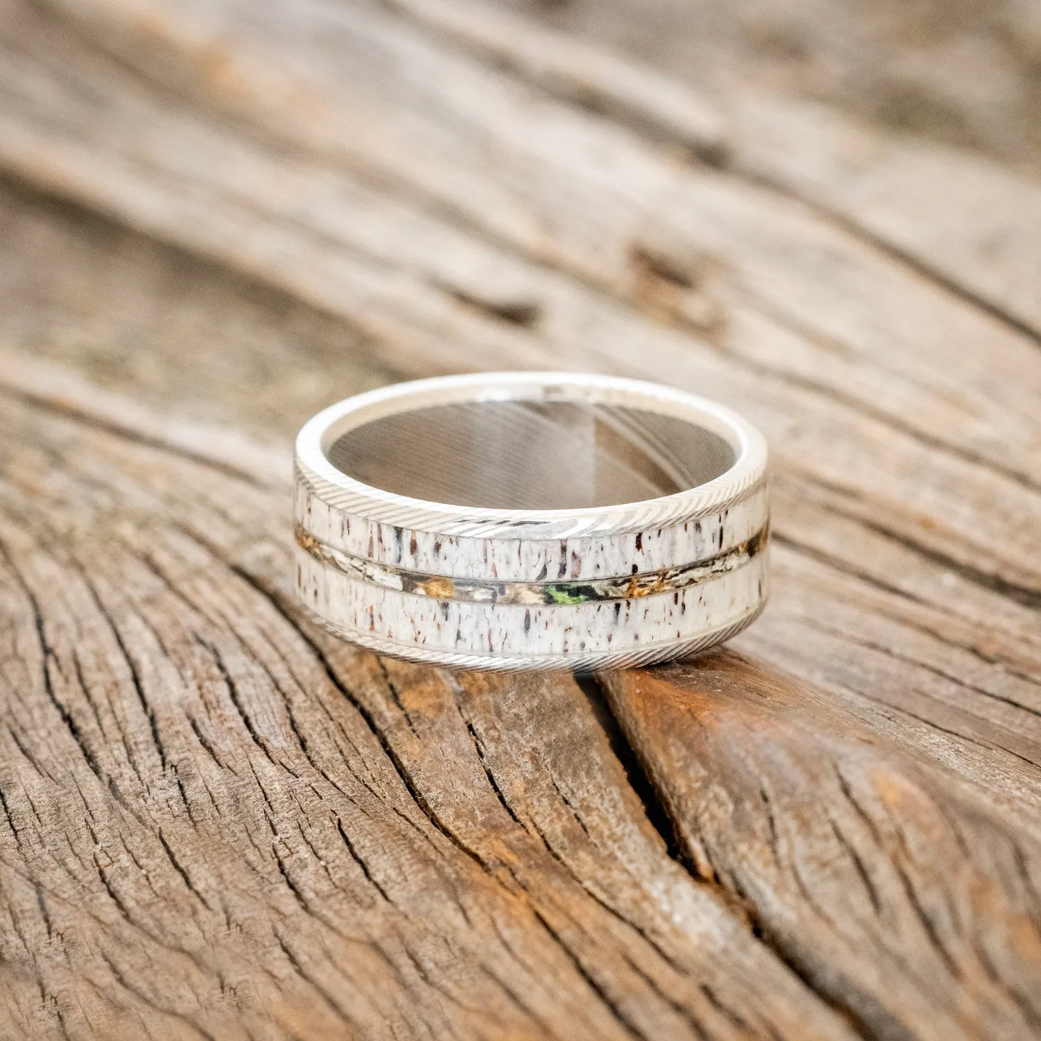 "RAINIER" - ANTLER & CAMO WEDDING BAND - DAMASCUS STEEL - SIZE 12 1/2