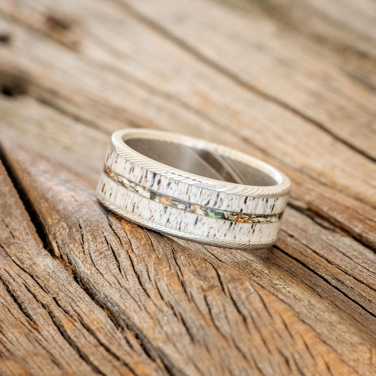 "RAINIER" - ANTLER & CAMO WEDDING BAND - DAMASCUS STEEL - SIZE 12 1/2