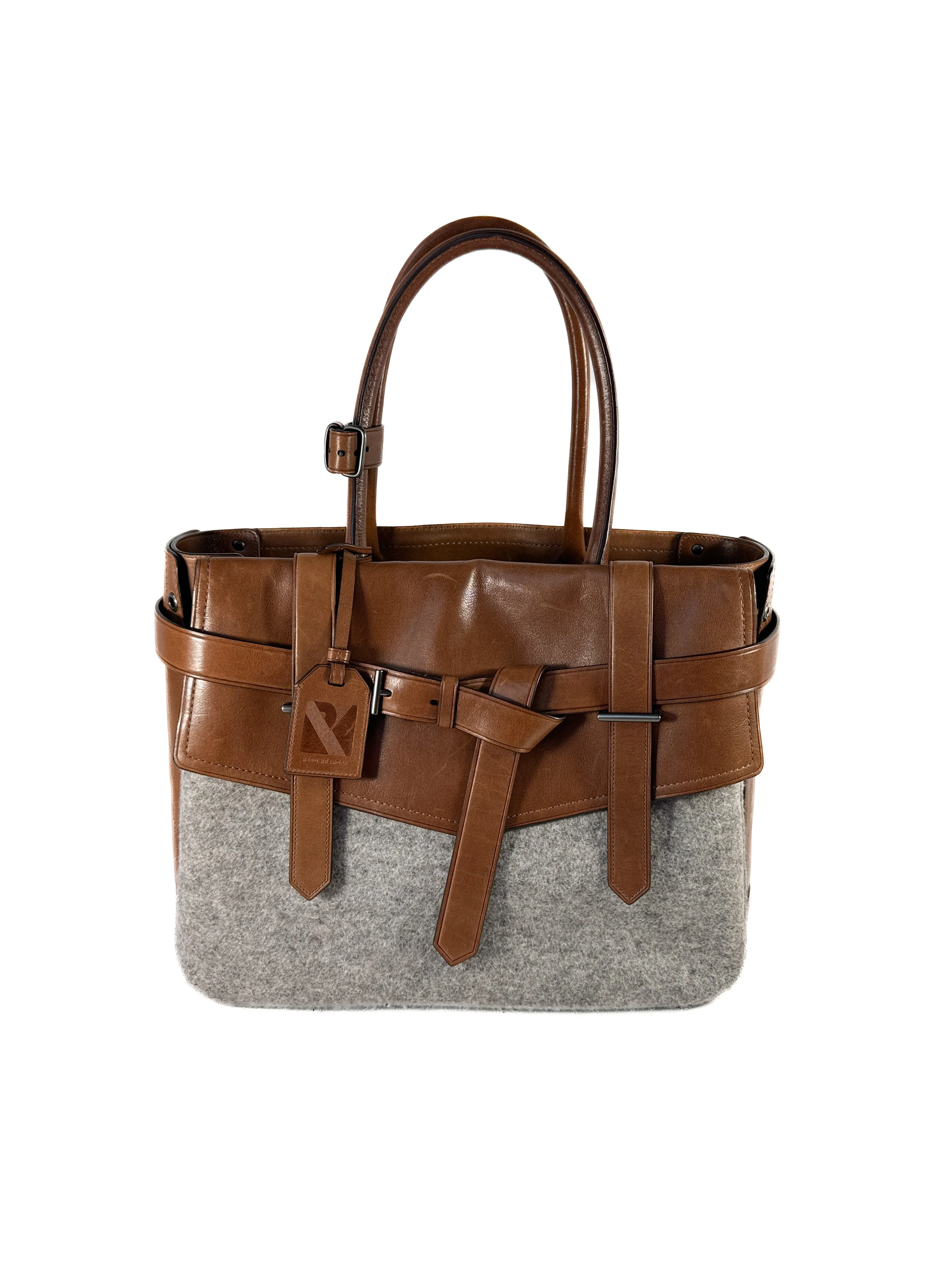 Reed Krakoff brown gray leather wool Boxer tote