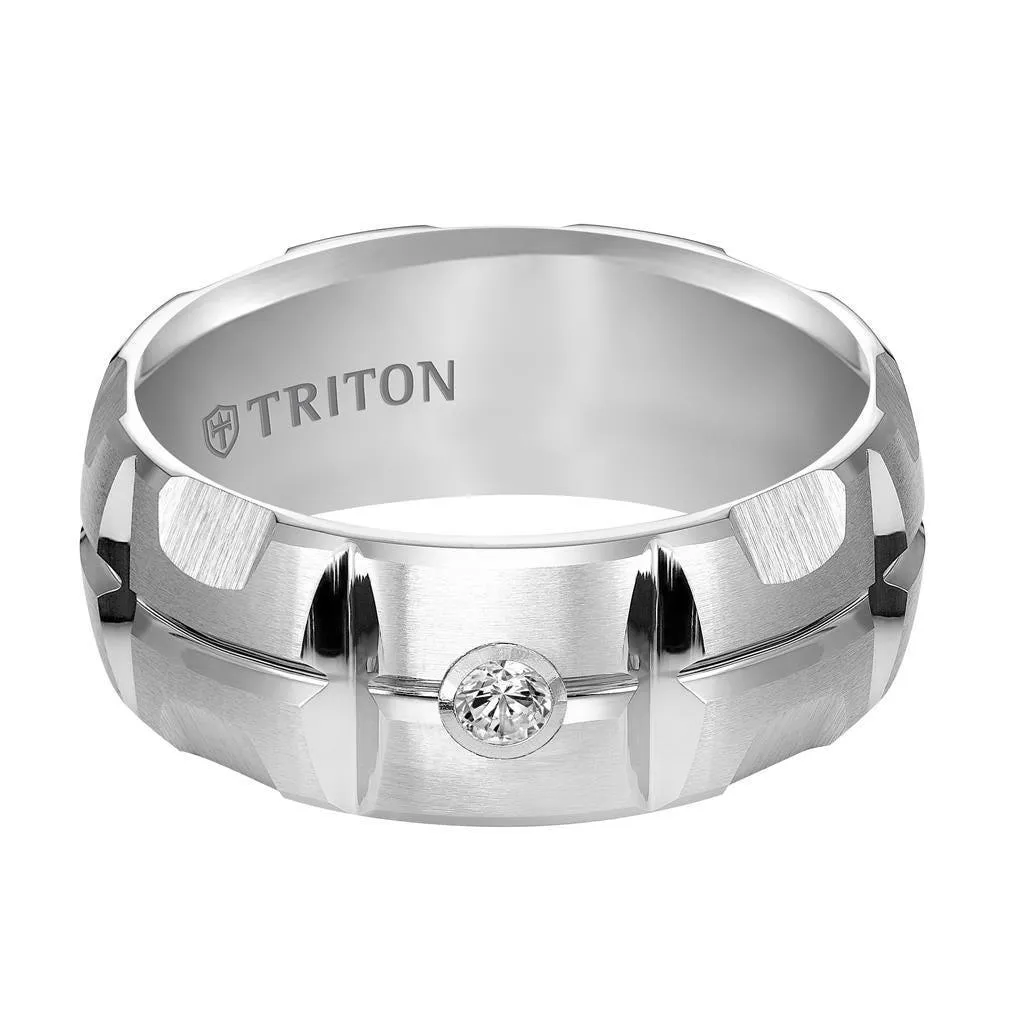 SPENCER Domed White Tungsten Carbide Wedding Band with Matrix Pattern Center and Solitaire Diamond Setting by Triton Rings - 9 mm