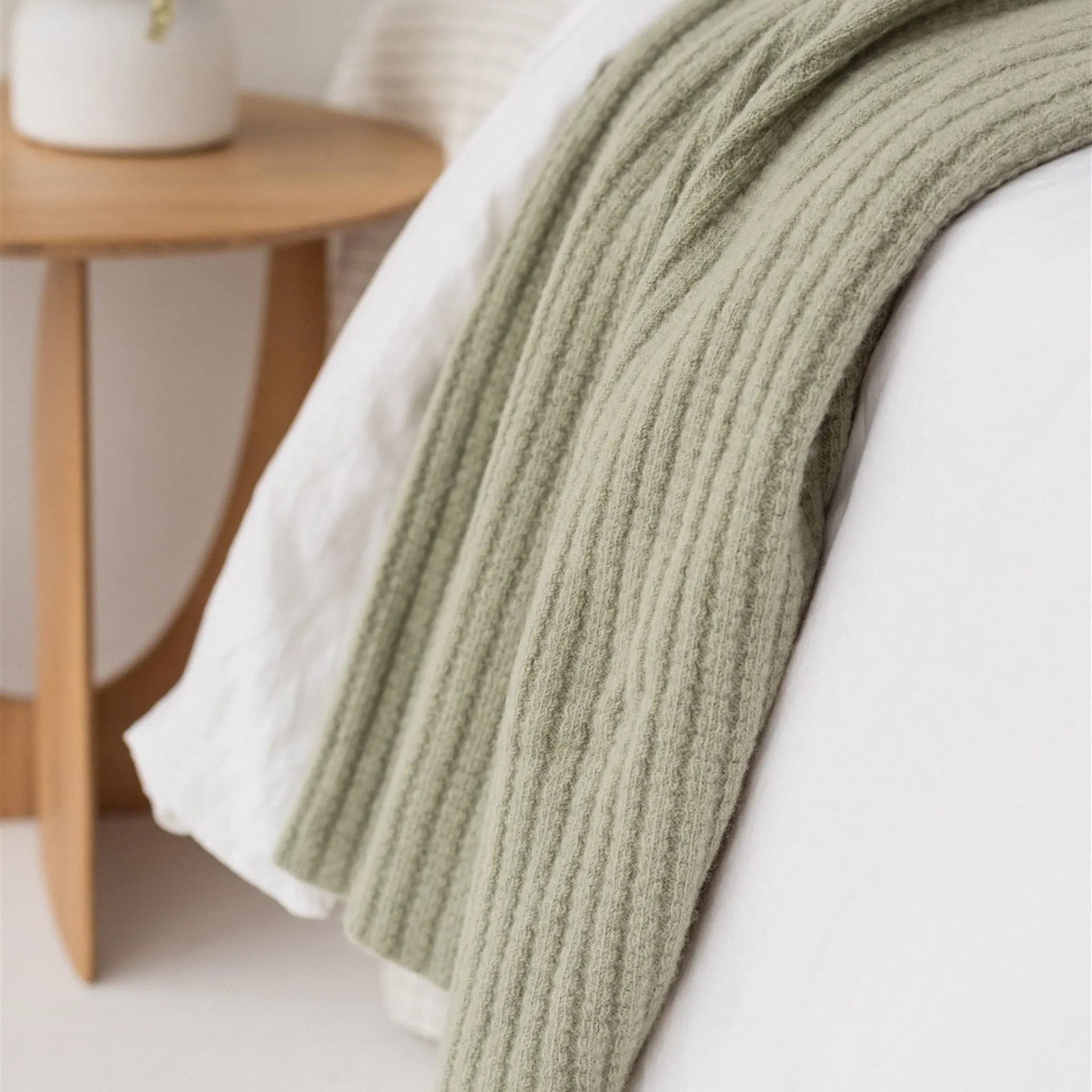 Spring Green Ribbed Wool Throw Blanket