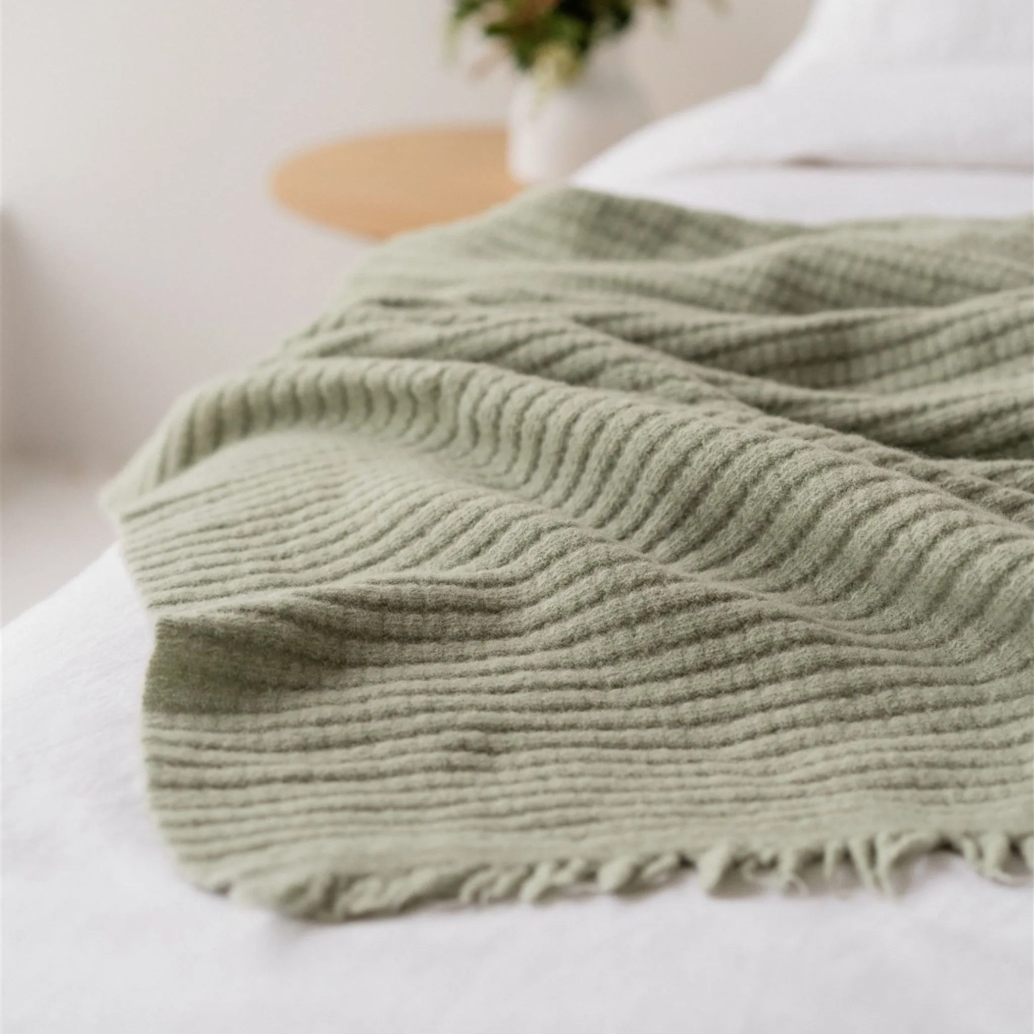 Spring Green Ribbed Wool Throw Blanket