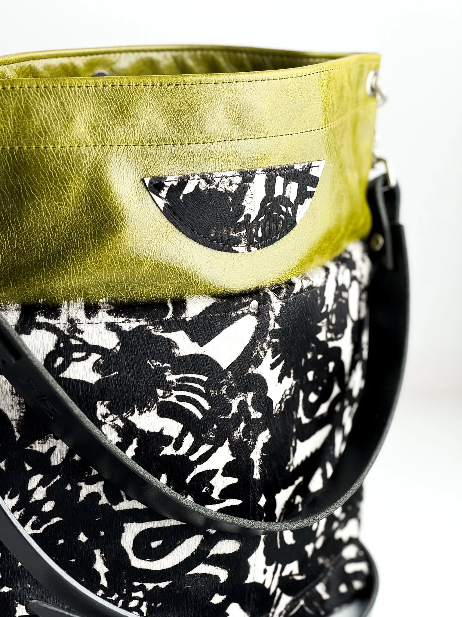 Urban Edge Collection | Train Shoulder Tote   Crossbody | Olive Leaf   Newsprint Hair-on-Hide