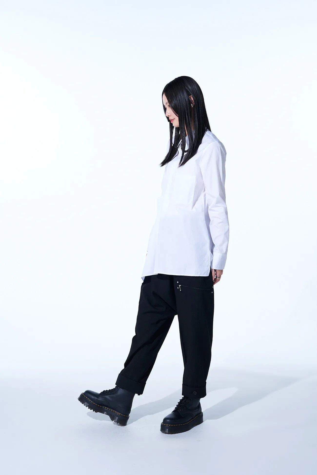 WASHER FINISHED WOOL GABARDINE STUDS SLIM SAROUEL PANTS