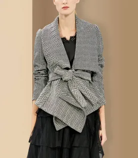 Women Gray Herringbone Wool Blazer Coat